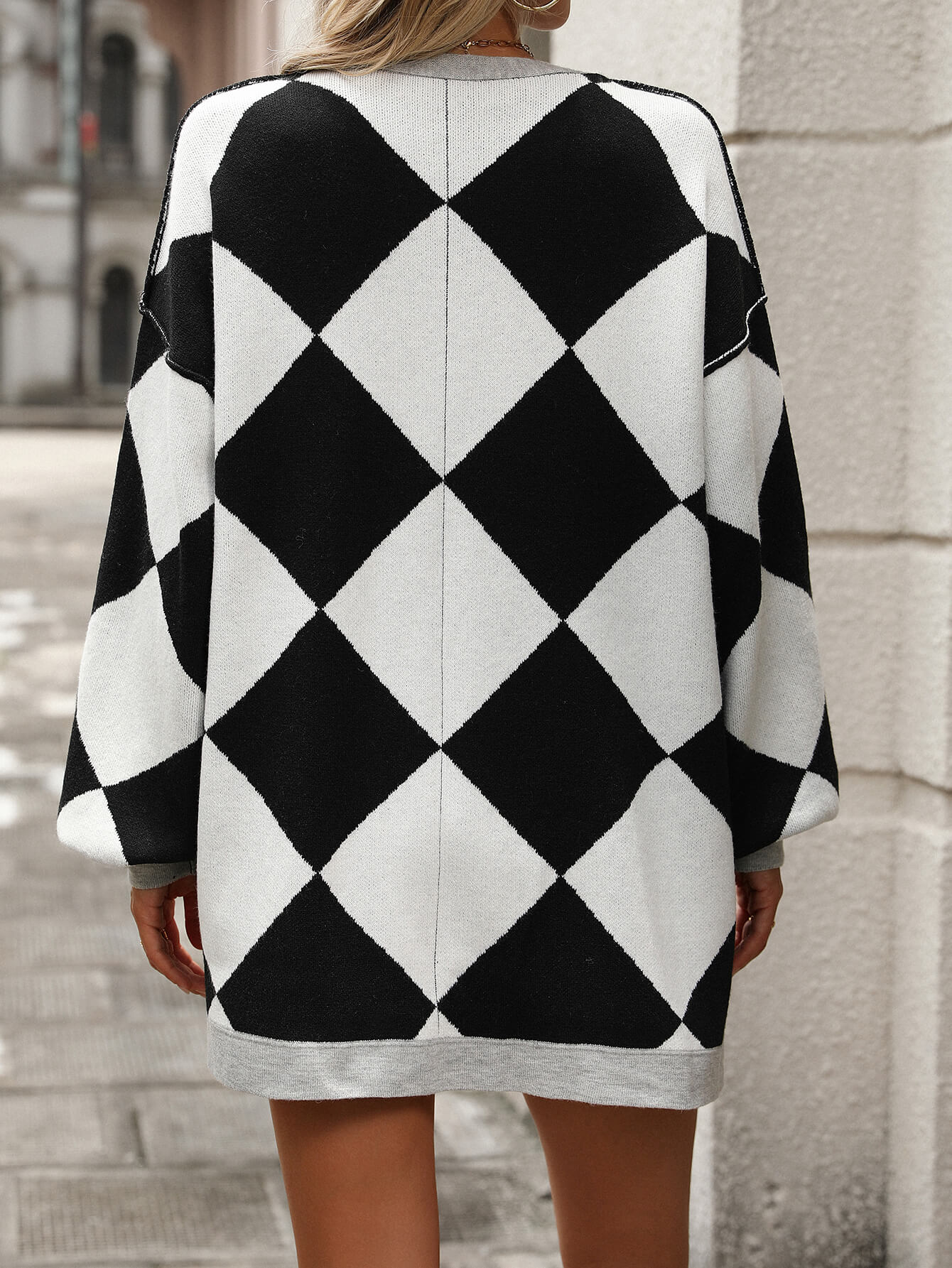 Jackey Argyle Print Button Down Cardigan - Black