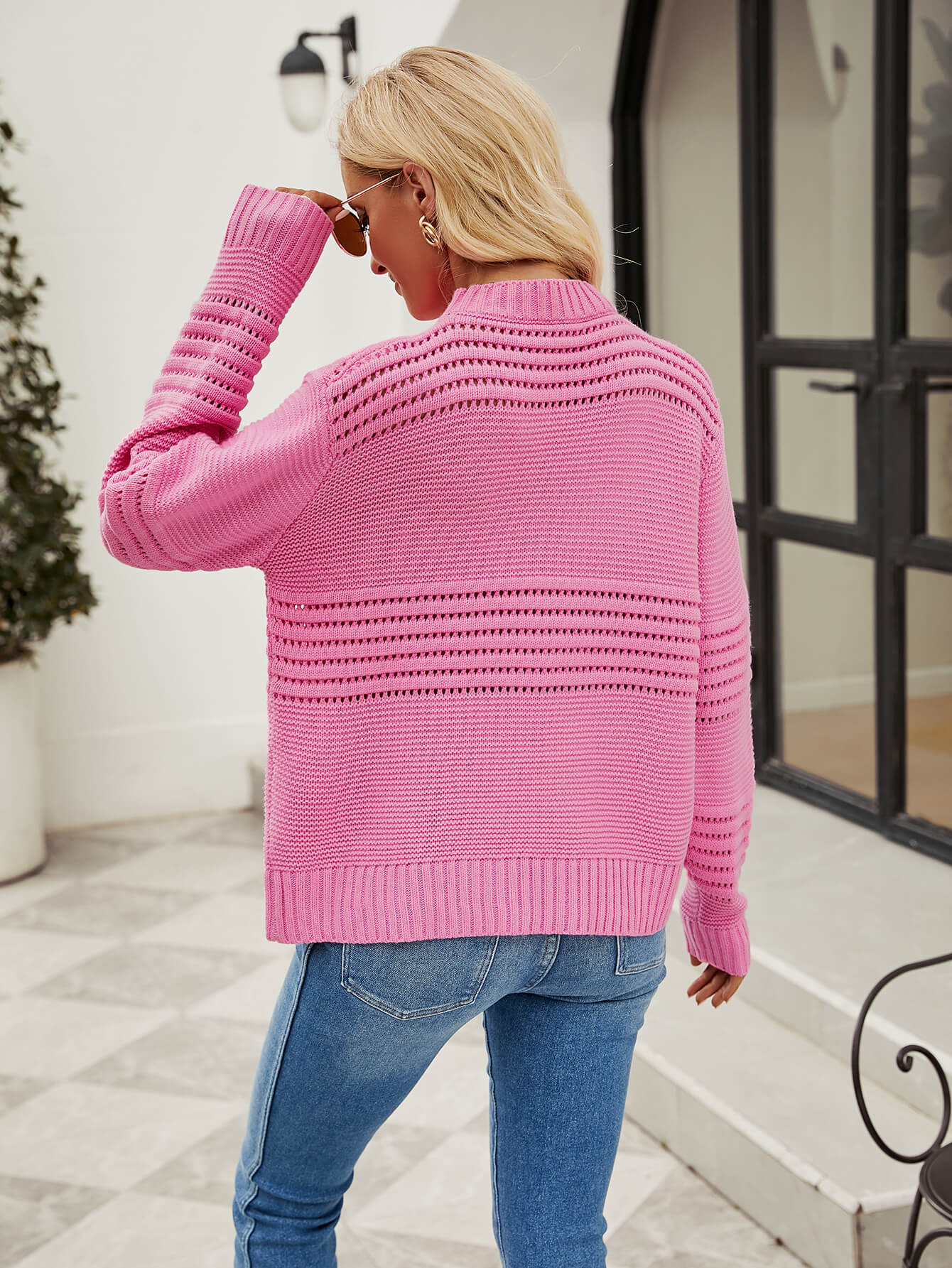 Late Meeting Perforated Stripe Pullover Sweater - Pink
