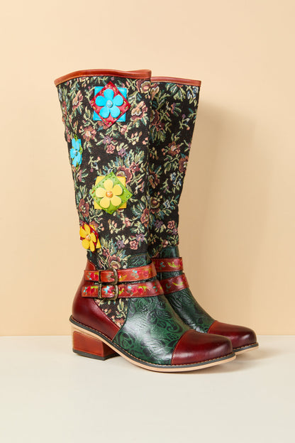 Soffia | Falling Petals Floral Knee-High Leather Boots