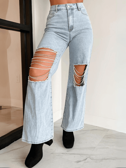 High Rise Rhinestone Chain Distressed Wide Leg Jeans - Light Wash