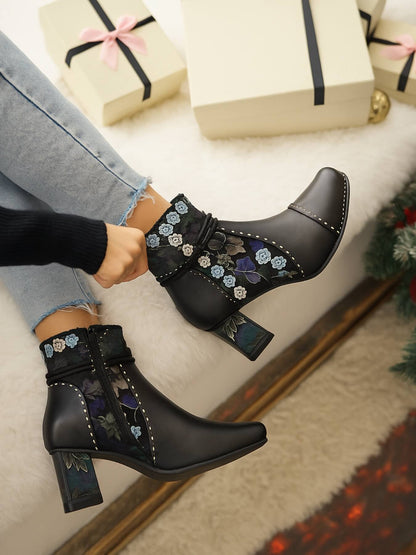 Soffia | Lost In Night Floral Leather Ankle Boots