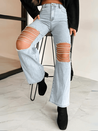 High Rise Rhinestone Chain Distressed Wide Leg Jeans - Light Wash