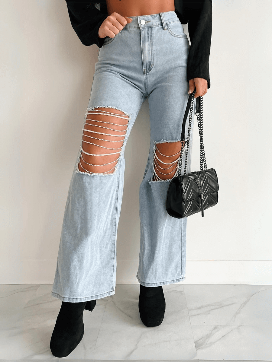 High Rise Rhinestone Chain Distressed Wide Leg Jeans - Light Wash