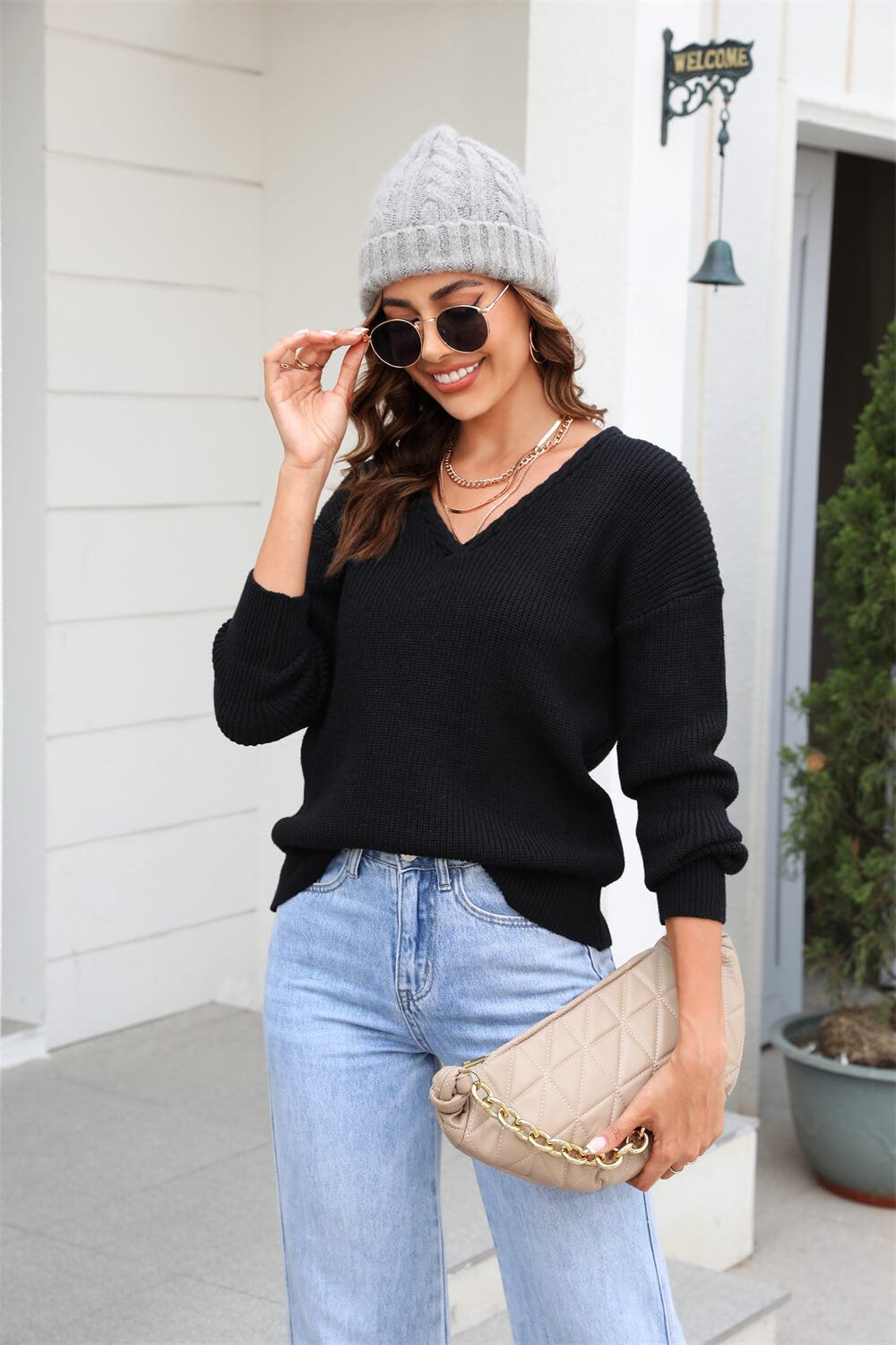 Liberty V-Neck Knit Sweater - Black