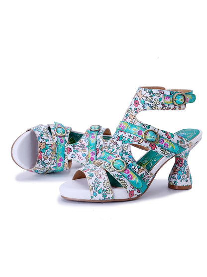 Soffia | Queen Retro Leather Floral Heels