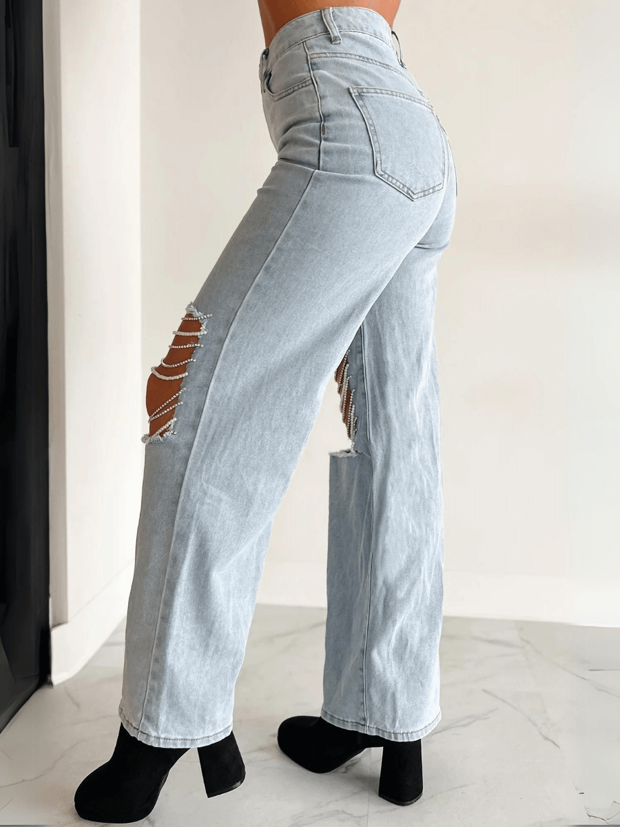 High Rise Rhinestone Chain Distressed Wide Leg Jeans - Light Wash