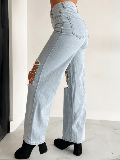 High Rise Rhinestone Chain Distressed Wide Leg Jeans - Light Wash