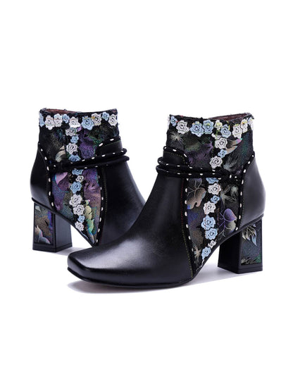 Soffia | Lost In Night Floral Leather Ankle Boots