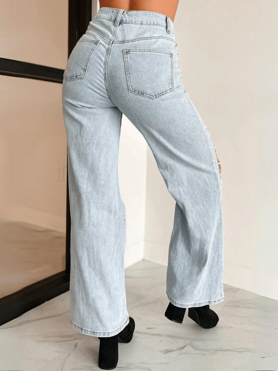 High Rise Rhinestone Chain Distressed Wide Leg Jeans - Light Wash