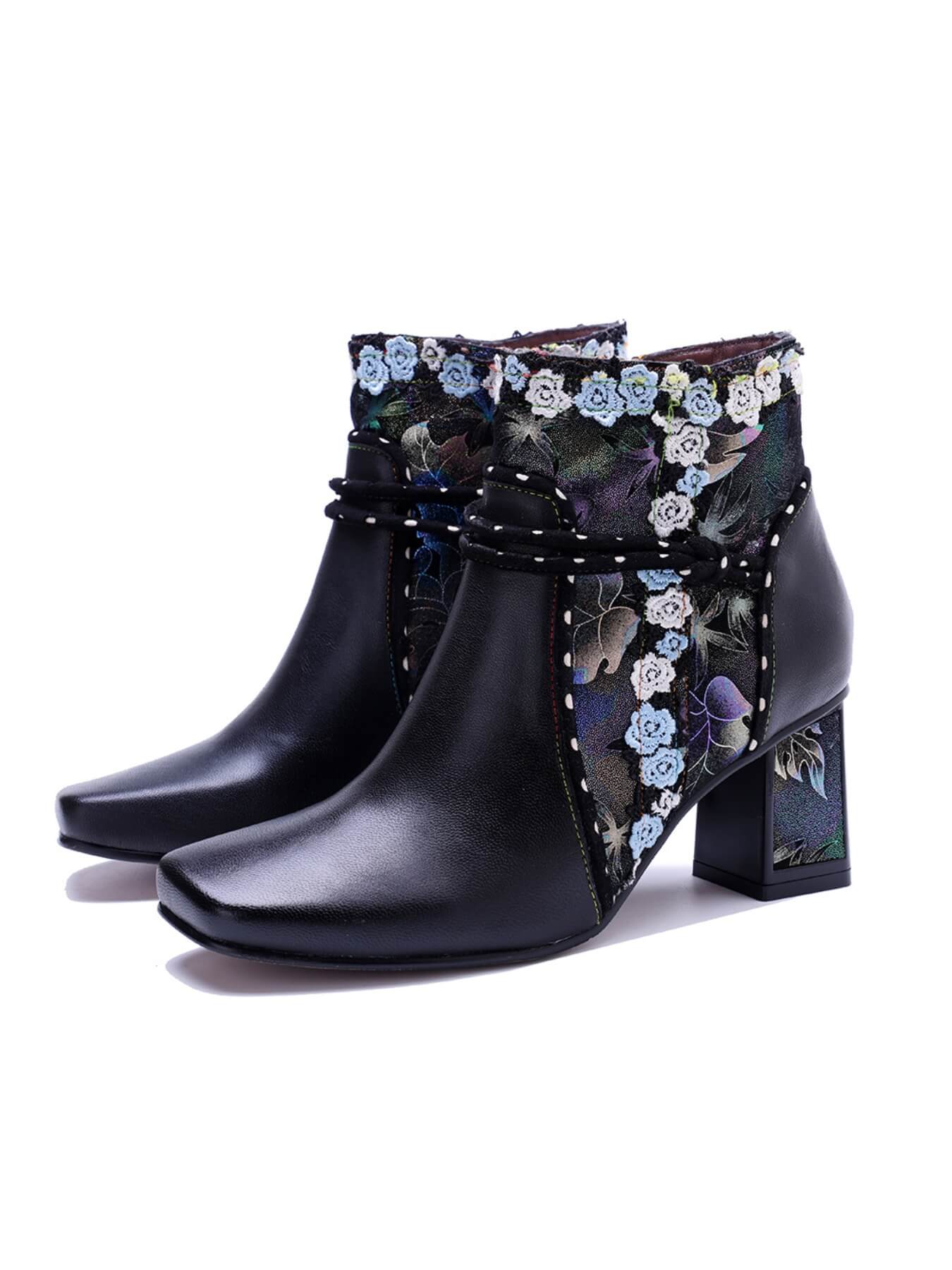 Soffia | Lost In Night Floral Leather Ankle Boots