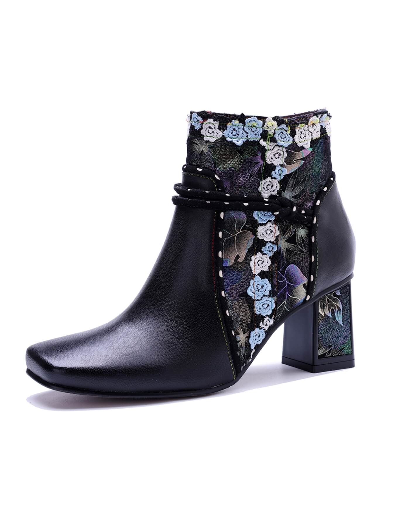 Soffia | Lost In Night Floral Leather Ankle Boots