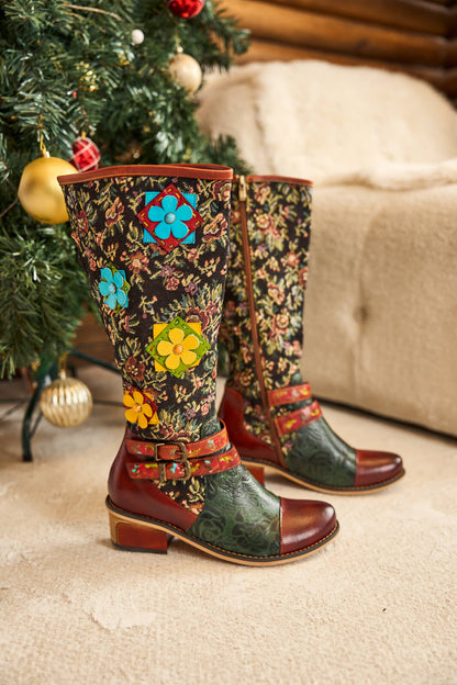 Soffia | Falling Petals Floral Knee-High Leather Boots