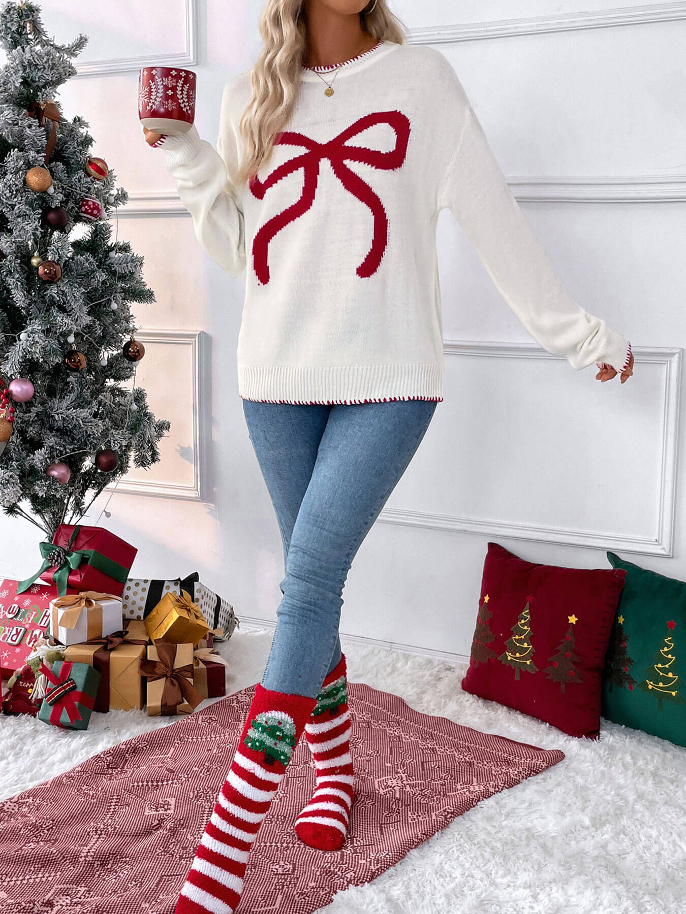 Sleigh Girl Gift Bow Graphic Sweater - white