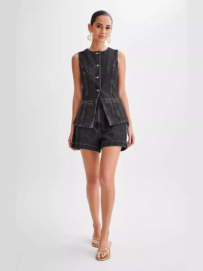 Dallas Button Front Denim Matching Sets - black