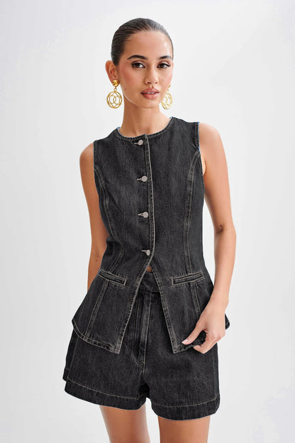 Dallas Button Front Denim Matching Sets - black