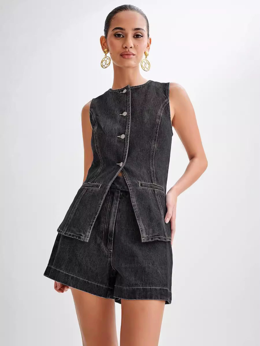 Dallas Button Front Denim Matching Sets - black