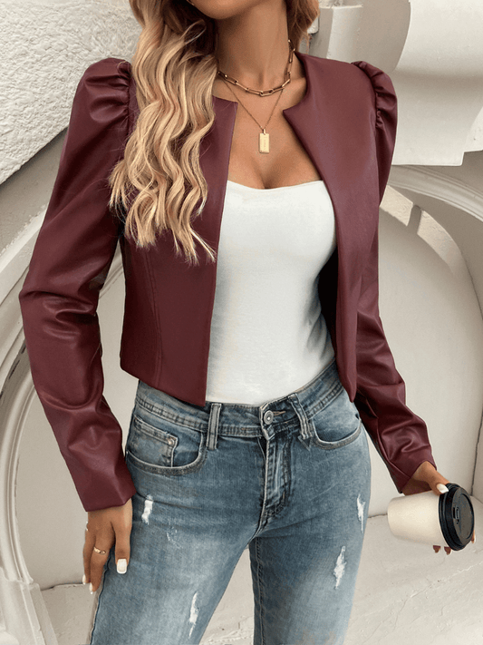 Kelsea Cropped Faux Leather Shacket - Claret