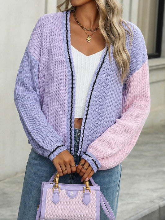 Christine Contrast Sweater Cardigan - Lavender