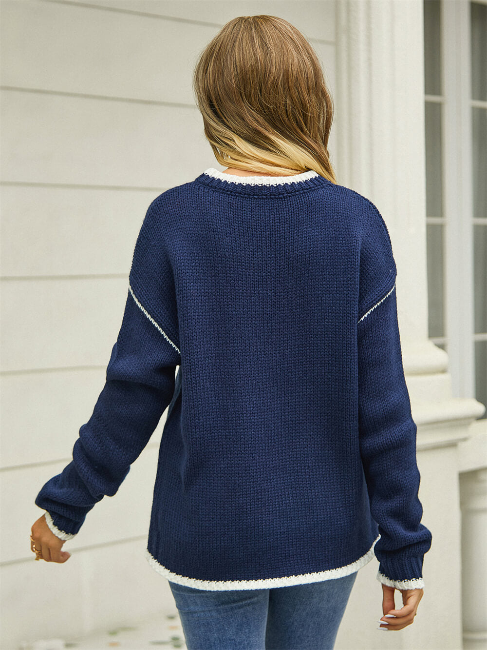 Lorian Contrast Seams Sweater - Navy