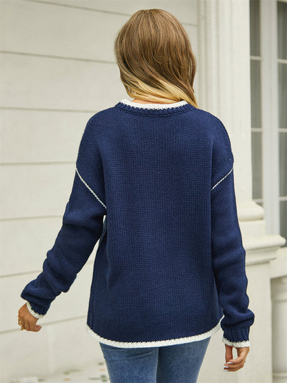 Lorian Contrast Seams Sweater - Navy