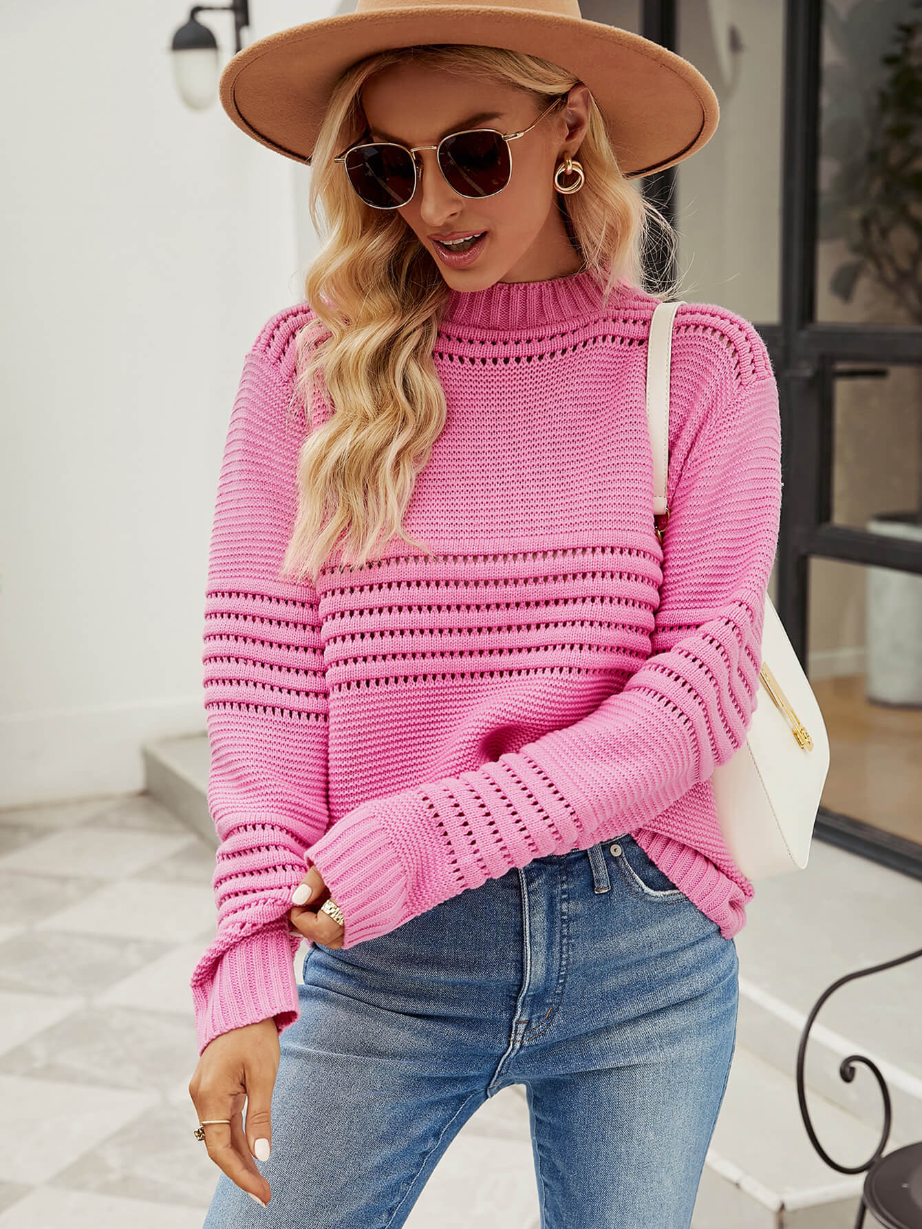 Late Meeting Perforated Stripe Pullover Sweater - Pink