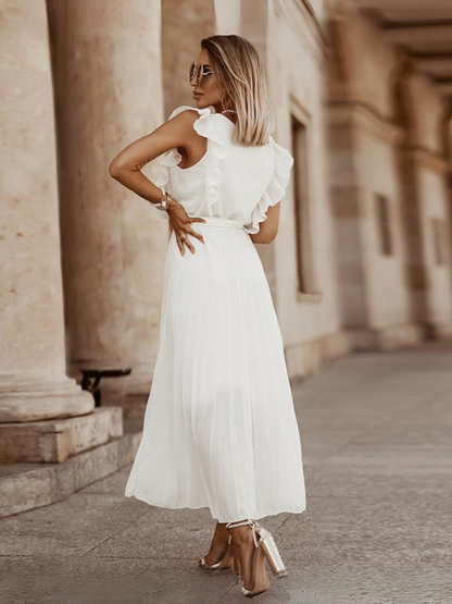 Elisha Plisse Ruffle Shoulder Midi Dress - White