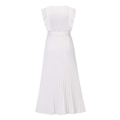 Elisha Plisse Ruffle Shoulder Midi Dress - White