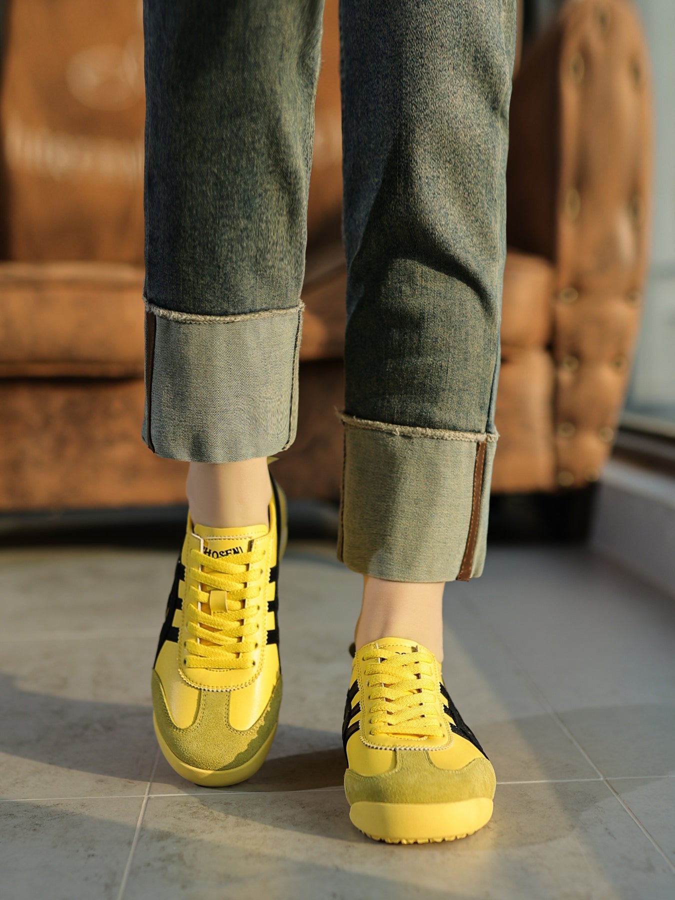 Rumour Has It | Maxine Contrast Strap Leather Sneaker - yellow